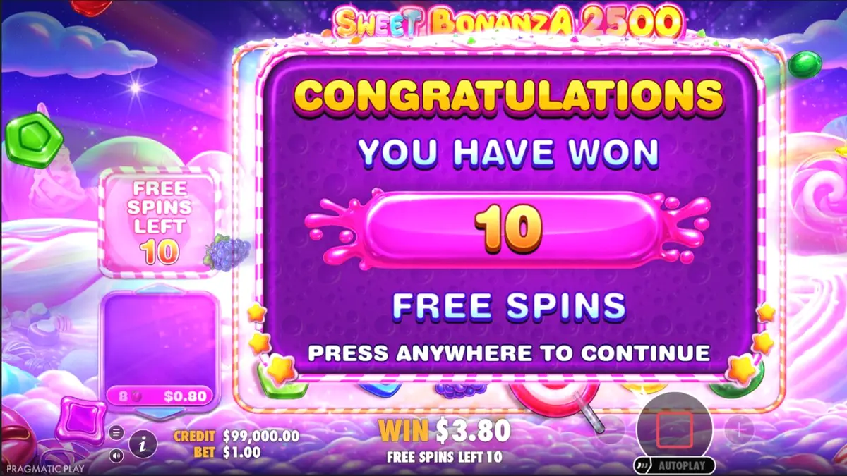 Tampilan visual penuh warna dari slot Sweet Bonanza 2500 dengan simbol permen dan buah-buahan