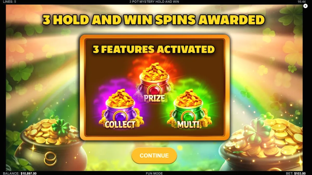 Tampilan visual slot 3 Pot Mystery Hold and Win dengan tema tambang emas