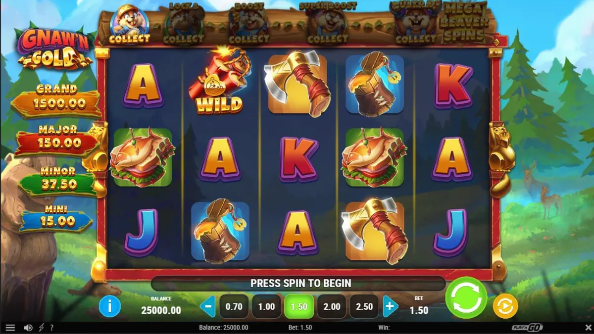 Tampilan visual slot Gnaw’n Gold dengan tema hutan dan berang-berang