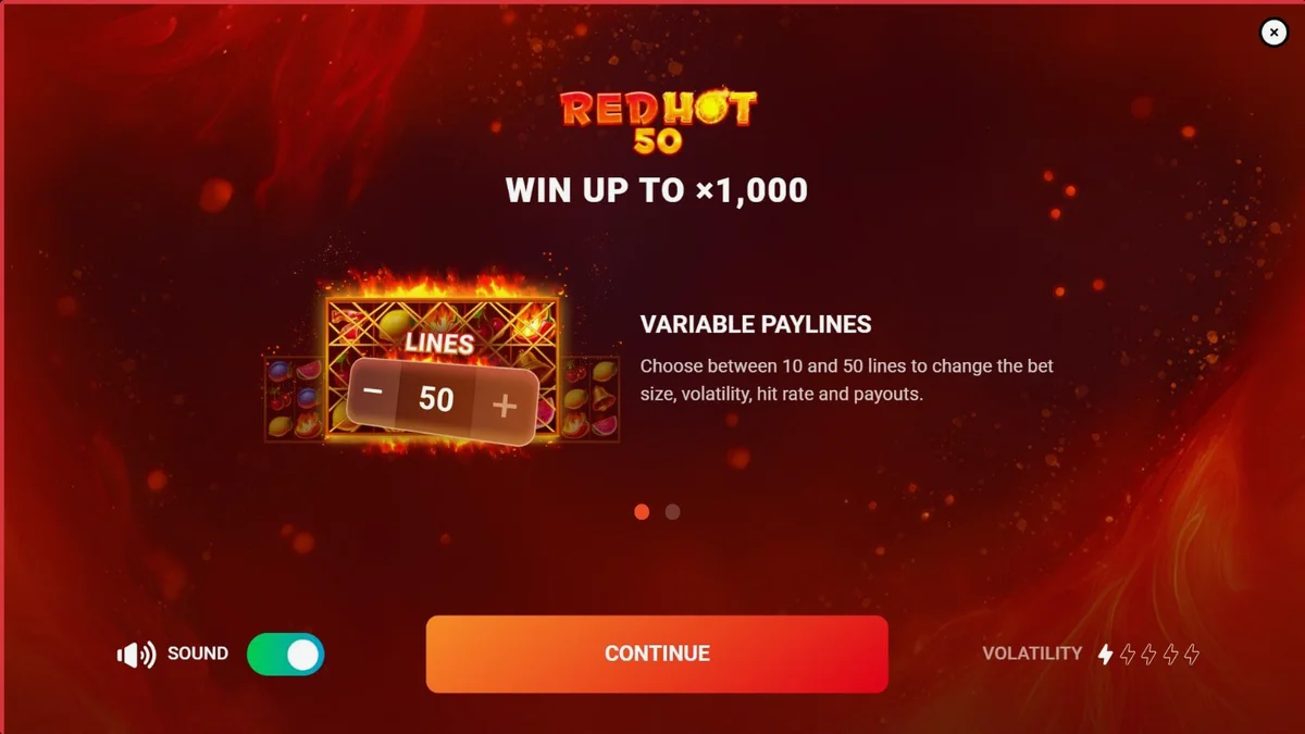 Tampilan visual slot Red Hot 50 dengan simbol buah dan latar belakang api